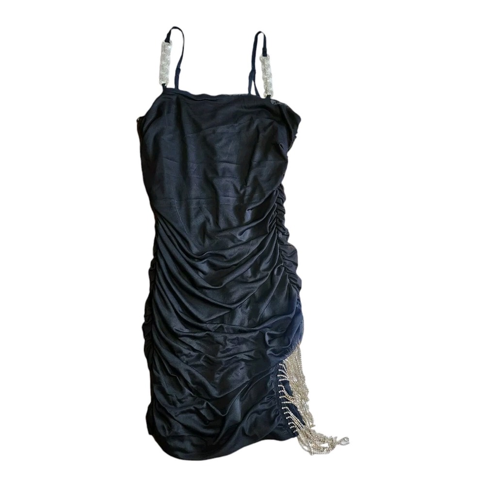 Forever 21 NWT NEW Dress Size Large Black Jeweled Detail Mesh Lined Ruched Party